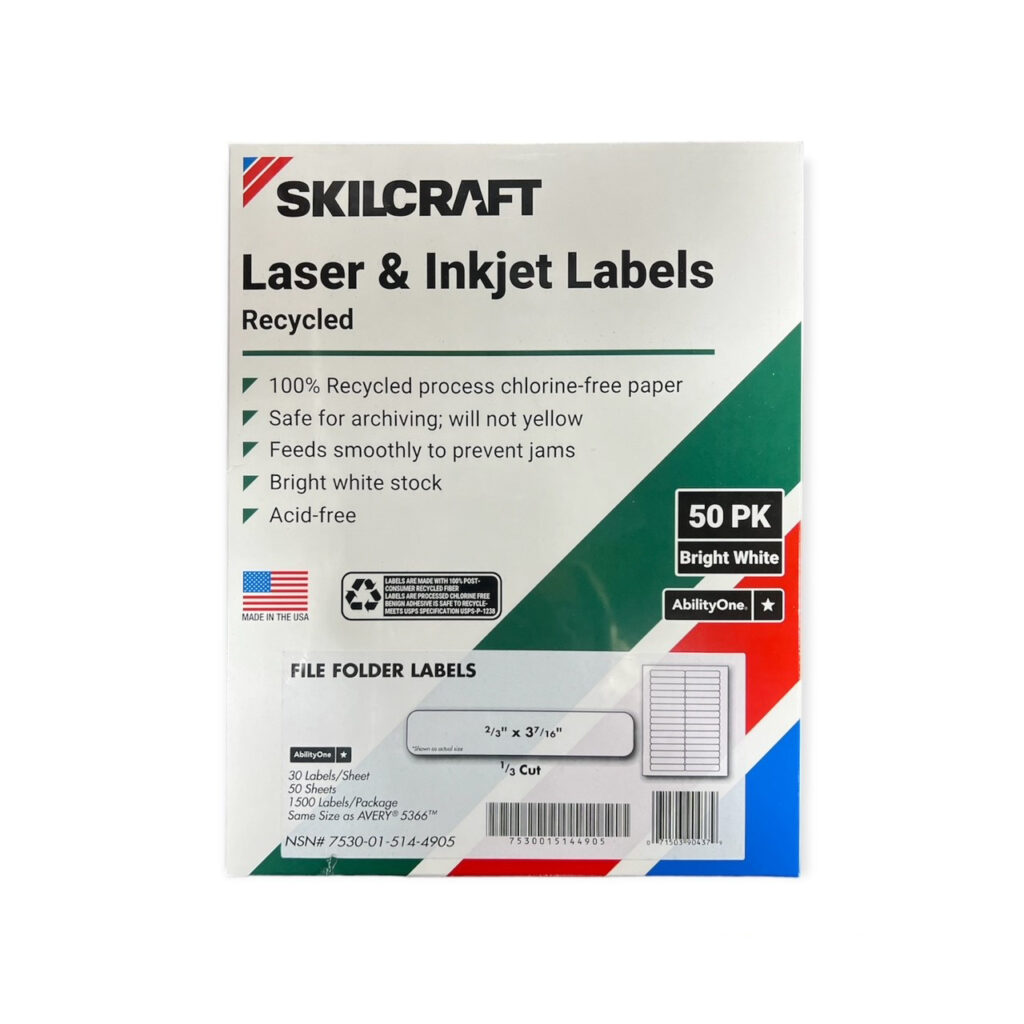 SKILCRAFT Recycled Laser and Inkjet Labels, 0.66 x 3.44, White, 30